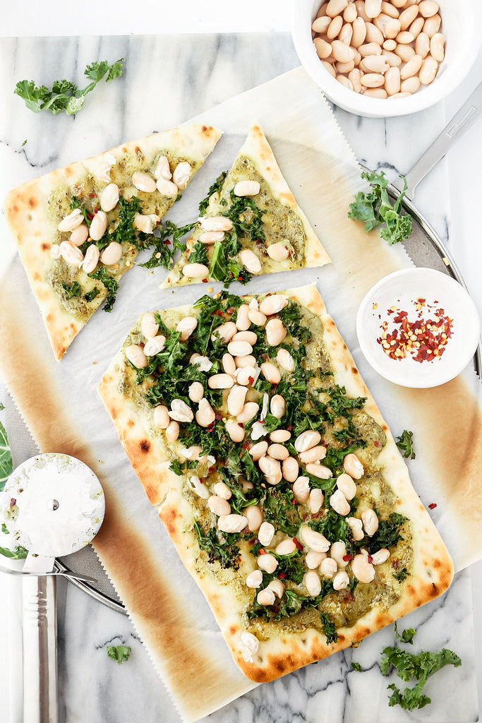 Vegan Cashew Pesto Flatbread with White Beans & Kale