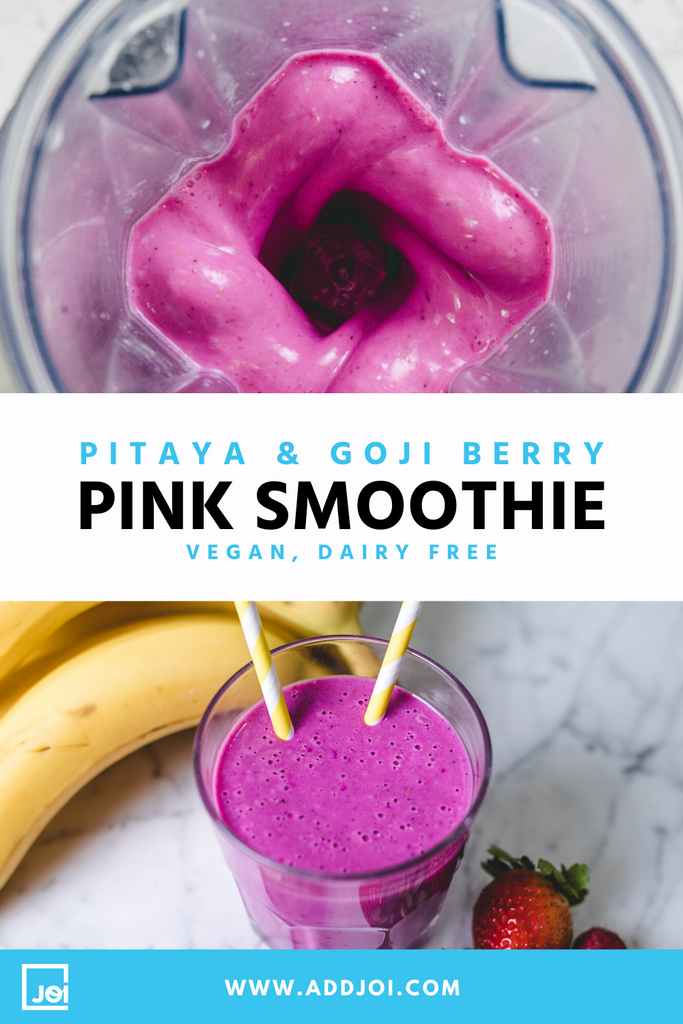 Pink Smoothie Made with JOI, Pitaya, Goji Powder, and Chia Seeds