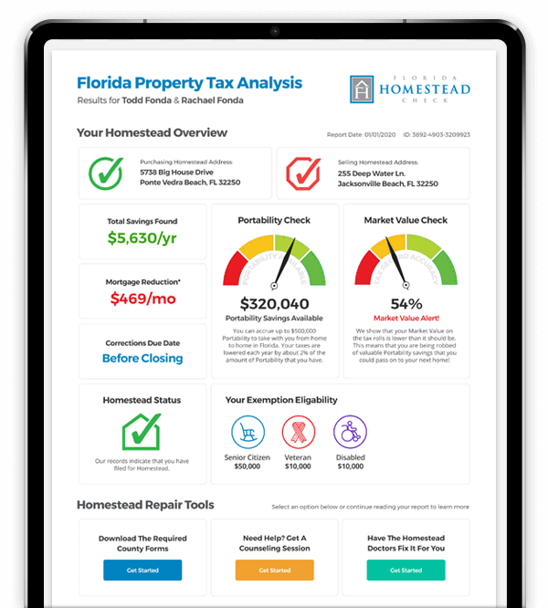 Homestead Check Property Tax Analysis Report Example