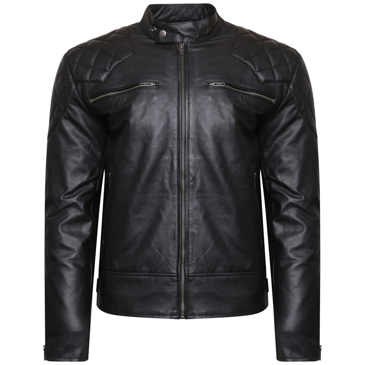 Mens Real Leather Black Cowhide Biker Jacket Vintage Retro Cafe Racer ...