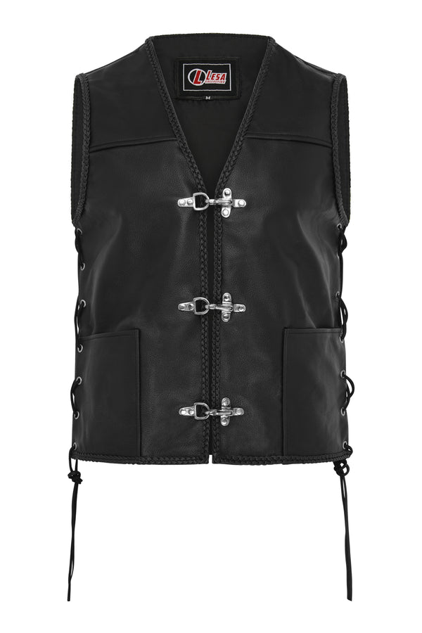 Mens Fish Hook Buckle Real Leather Waistcoat Biker Vest Braided With S ...