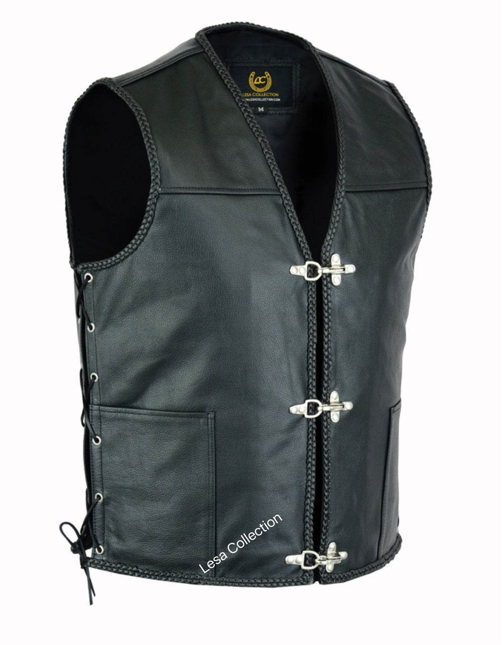 Mens Fish Hook Buckle Real Leather Waistcoat Biker Vest Braided With S ...