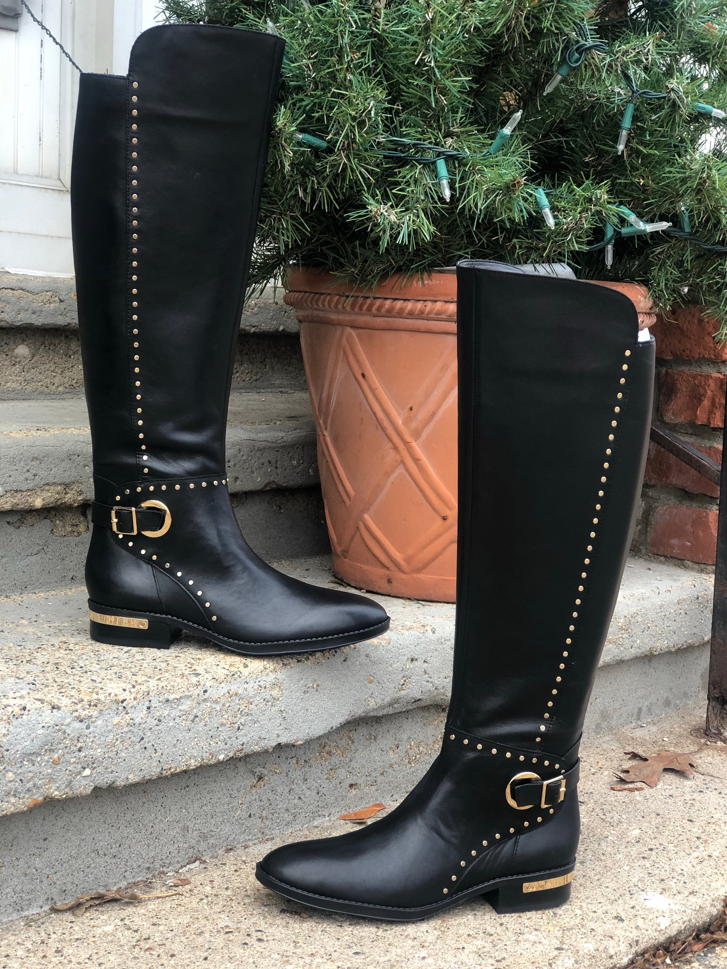 vince camuto black and gold boots