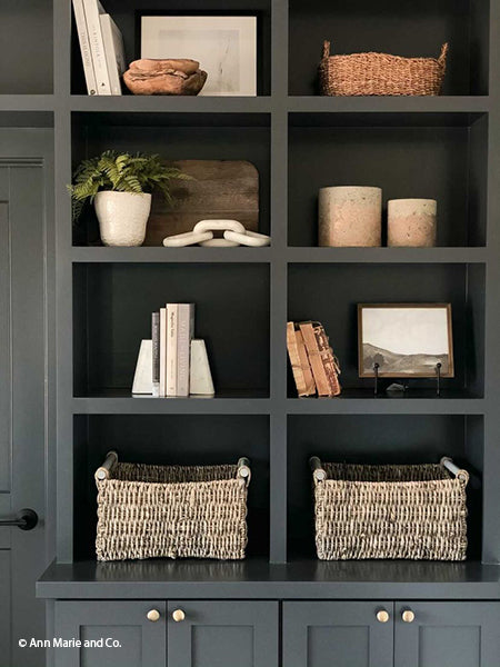 Dark Cabinets, Dark Built-Ins, Shelf Styling for Built-Ins, Vintage Art, Moody Art