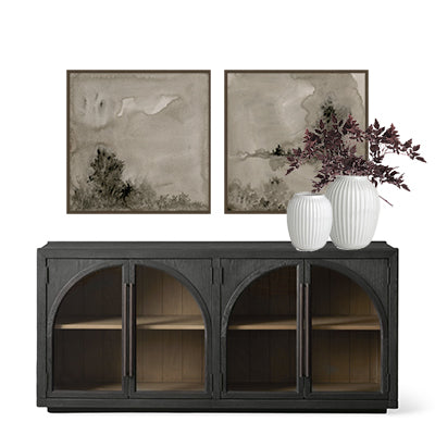 neutral set of 2 art prints, set of 2 wall art, black sideboard design, entryway design board