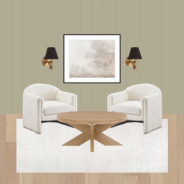 Cozy Sitting Room Design, Sitting Area Nook, Neutral Wall Art, Cheyenne Green Benjamin Moore