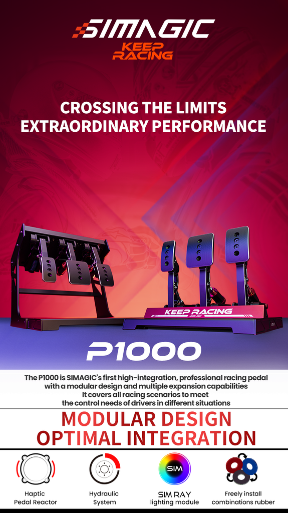 The P1000 is SIMAGIC's first high-integration, professional racing pedal with a modular design and multiple expansion capabilities It covers all racing scenarios to meet the control needs of drivers in different situations
