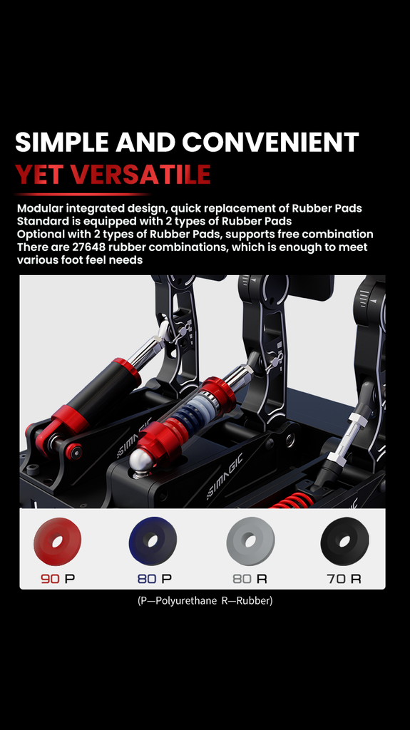 SIMPLE AND CONVENIENT YET VERSATILE Modular integrated design, quick replacement of Rubber Pads Standard is equipped with 2 types of Rubber Pads Optional with 2 types of Rubber Pads, supports free combination There are 27648 rubber combinations, which is enough to meet various foot feel needs