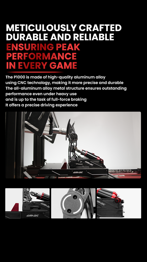 METICULOUSLY CRAFTED DURABLE AND RELIABLE ENSURING PEAK PERFORMANCE IN EVERY GAME The P1000 is made of high-quality aluminum alloy using CNC technology, making it more precise and durable The all-aluminum alloy metal structure ensures outstanding performance even under heavy use and is up to the task of full-force braking It offers a precise driving experience