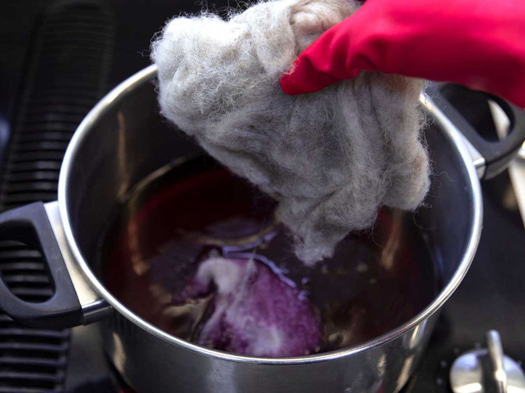 A close up of a pot containing purple dye water sitting on a stovetop. A red gloved hand is placing carded wool into the pot.