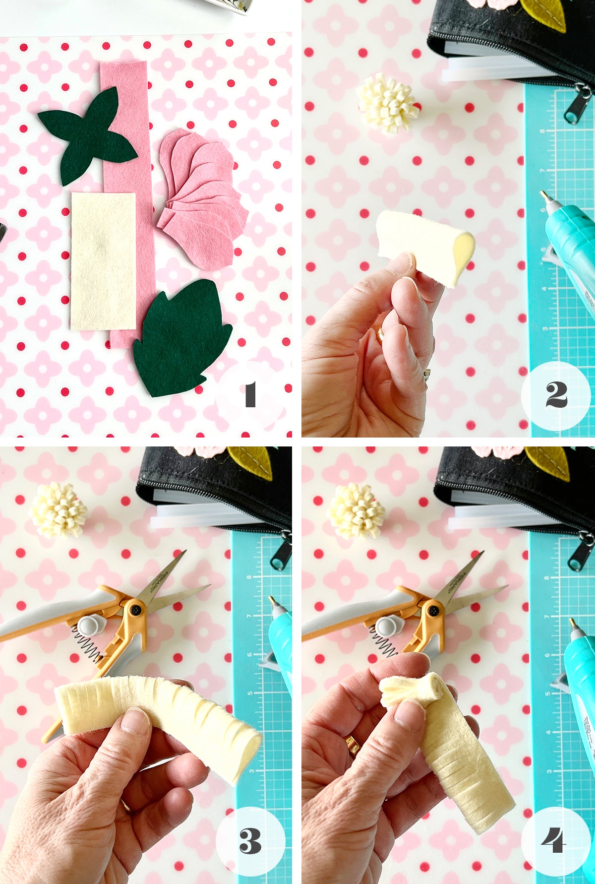 Pink felt wildflower diy tutorial steps 1 to 4