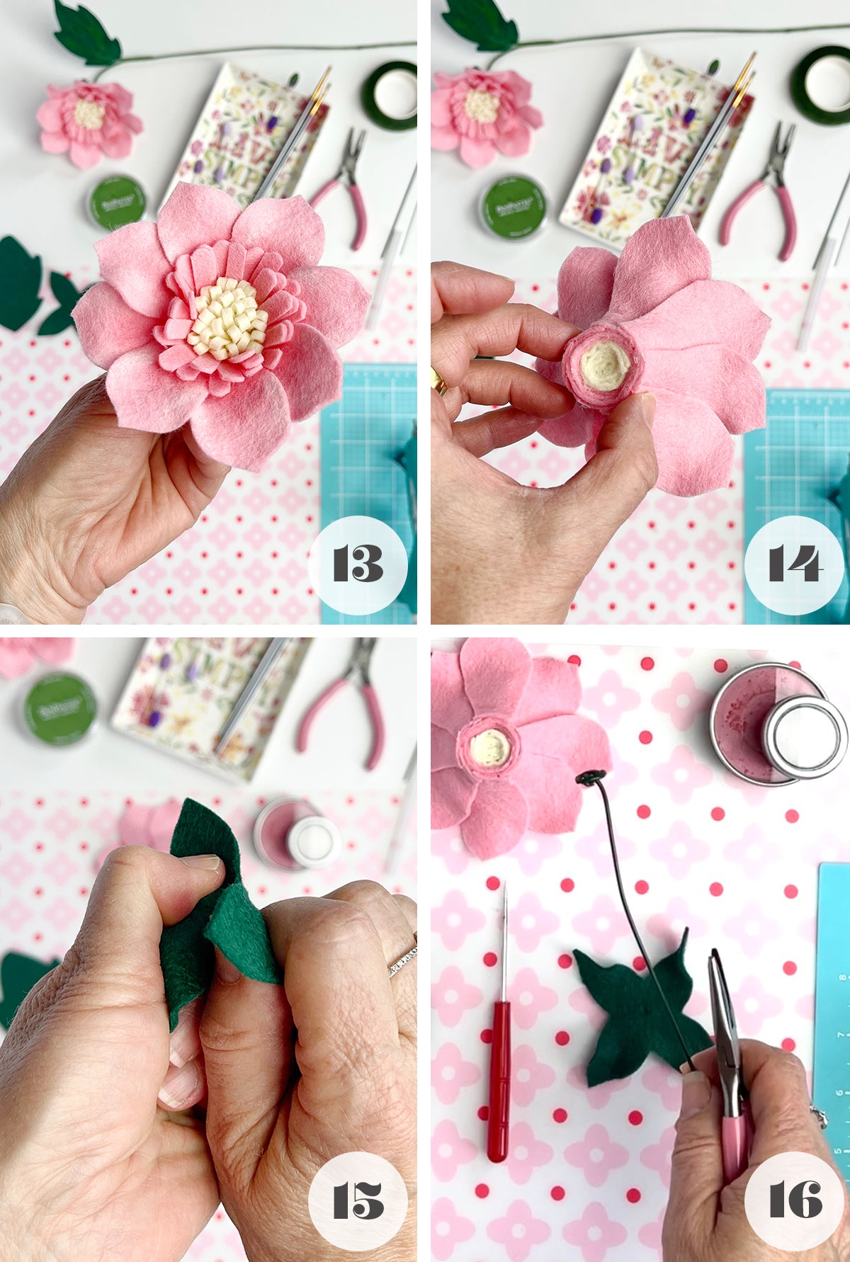 Pink felt wildflower diy tutorial steps 13 to 16