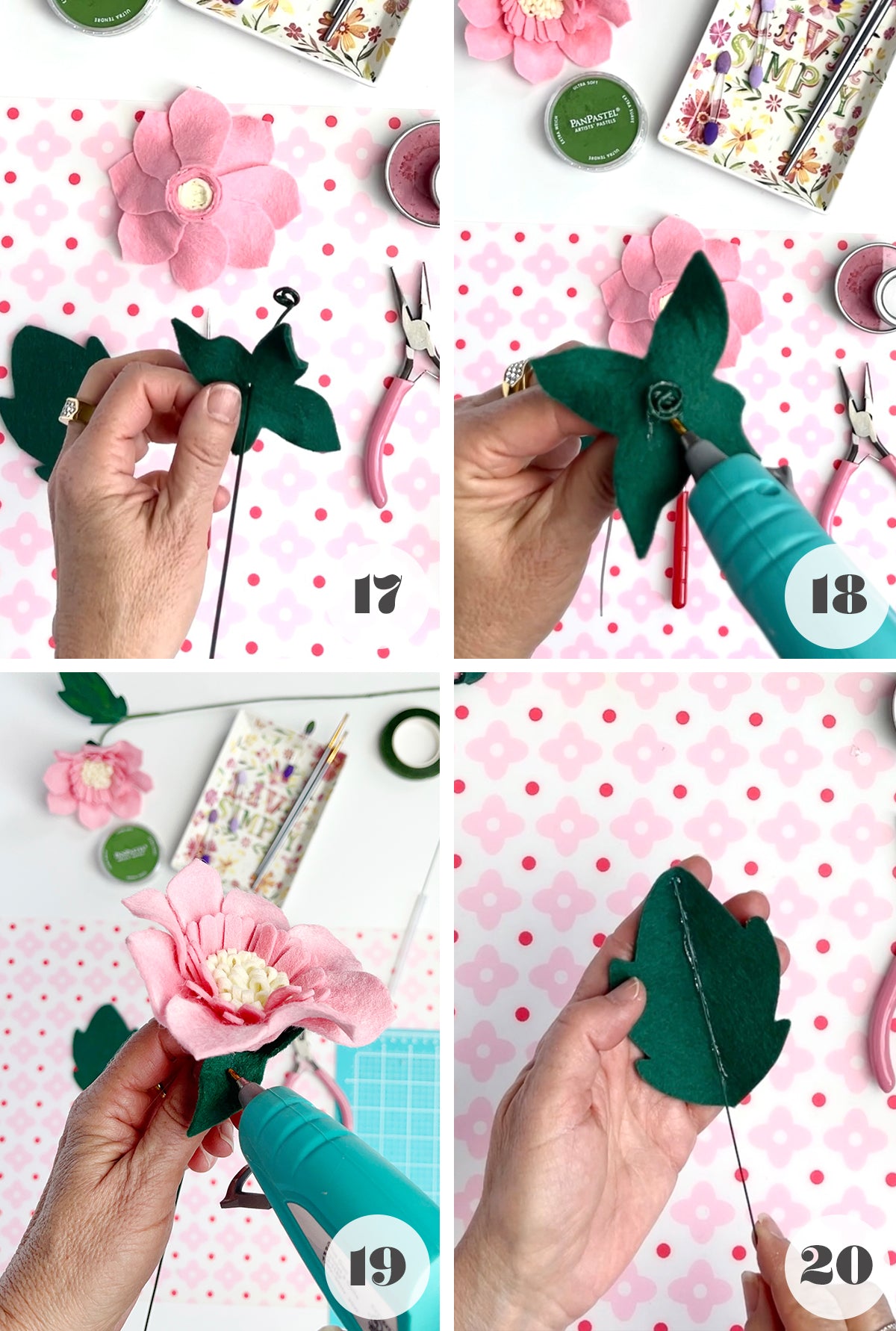 Pink felt wildflower diy tutorial steps 17 to 20