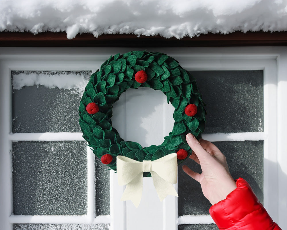 Holiday DIY Christmas wreath with holly berries made out of felt hanging on the front door in the winter