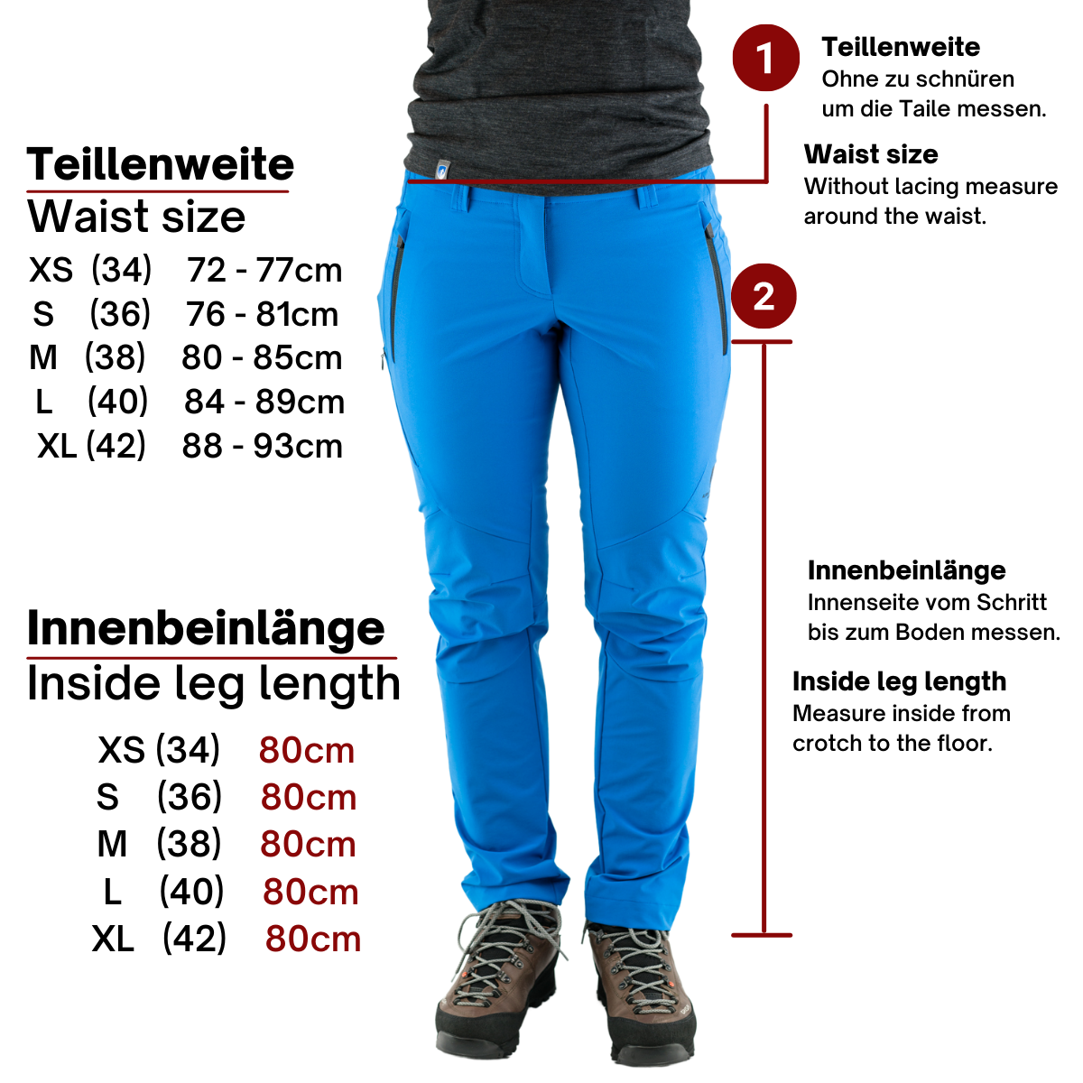 Women's hiking pants size table