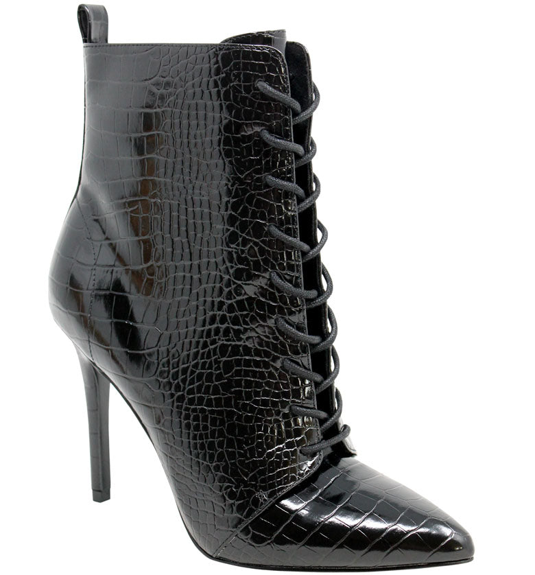 black croc lace up boots