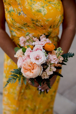 Colorful Chicago wedding bouquet with local dahlias, garden roses & ranunculus.