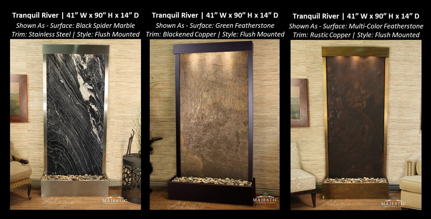 Adagio Tranquil River - Flush Mounted to Rear of the Base 90"H x 41"W - Indoor Floor Fountain - Majestic Fountains & More