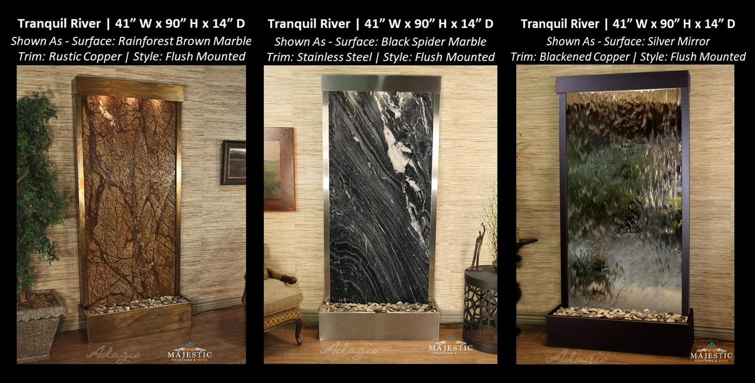 Adagio Tranquil River - Flush Mounted to Rear of the Base 90"H x 41"W - Indoor Floor Fountain - Majestic Fountains & More