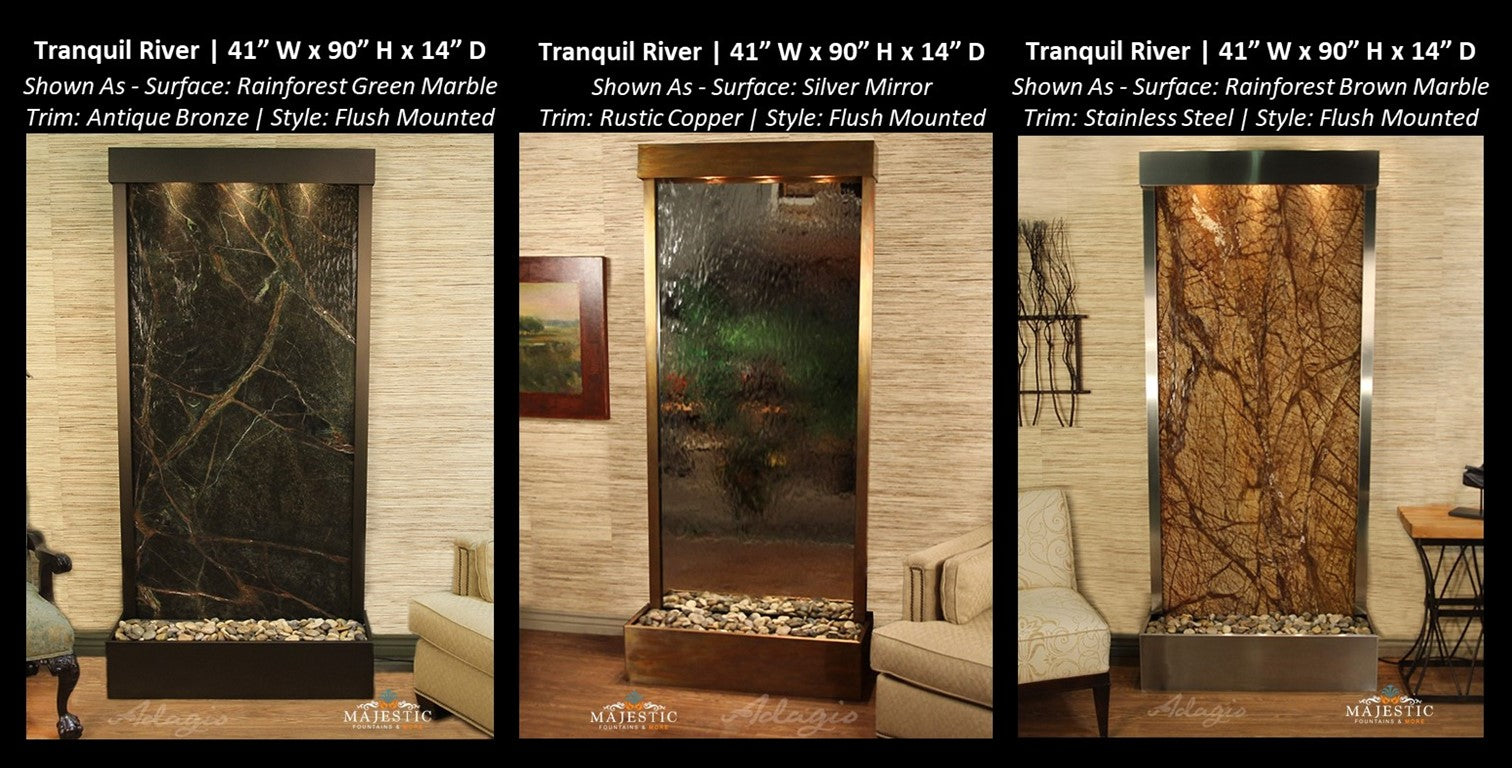 Adagio Tranquil River - Flush Mounted to Rear of the Base 90"H x 41"W - Indoor Floor Fountain - Majestic Fountains & More