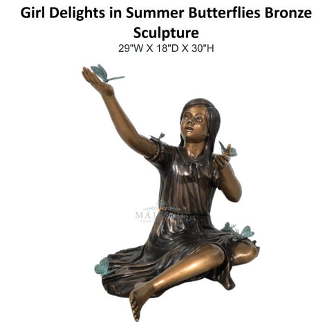 Girl Delights in Summer Butterflies Bronze Sculpture - Majestic Fountains and More