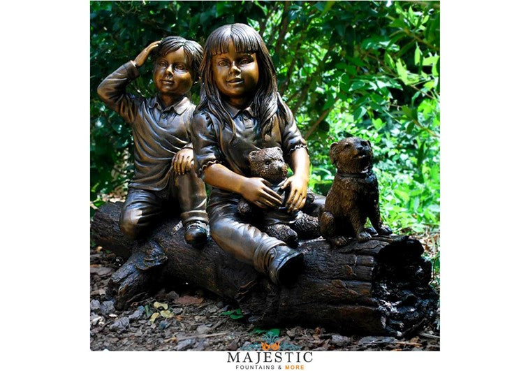 Kids & Puppy On Tree log Bronze Sculpture - Majestic Fountains and More