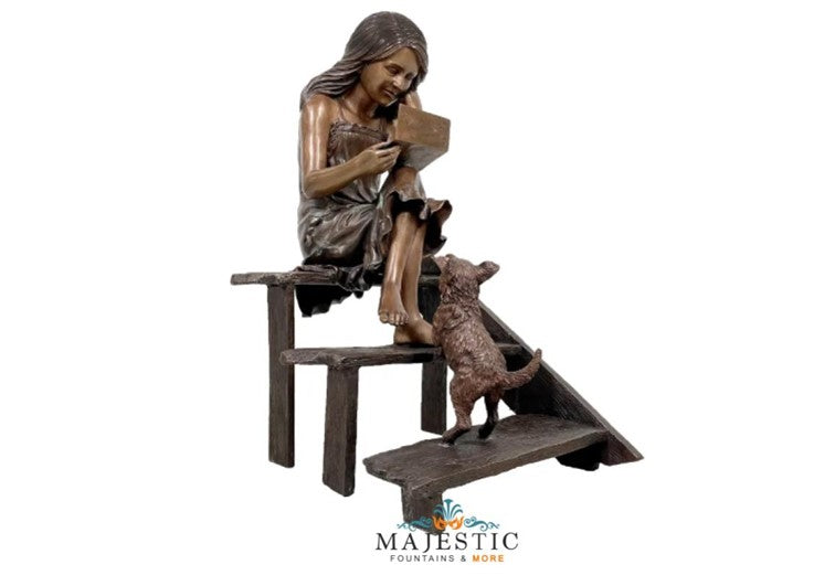 Lady Reading a Letter with Her Puppy Bronze Sculpture - Majestic Fountains and More