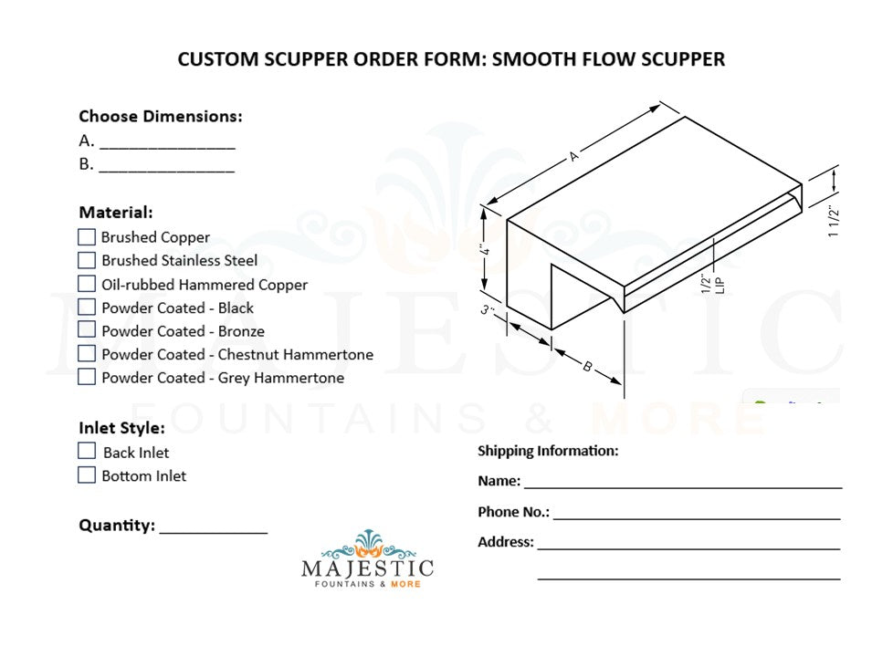 Smooth Flow Scupper - Custom Order Form - Majestic Fountains and More