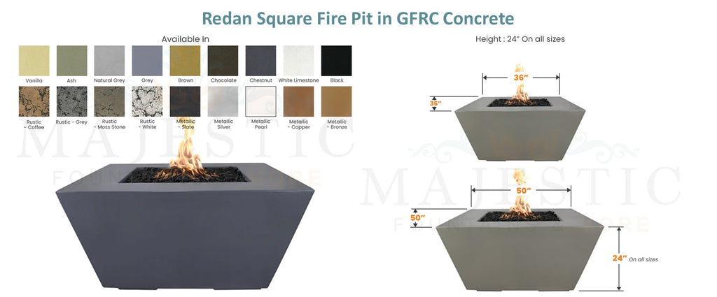 The Outdoor Plus Redan Square Fire Pit in GFRC Concrete - Majestic Fountains and More