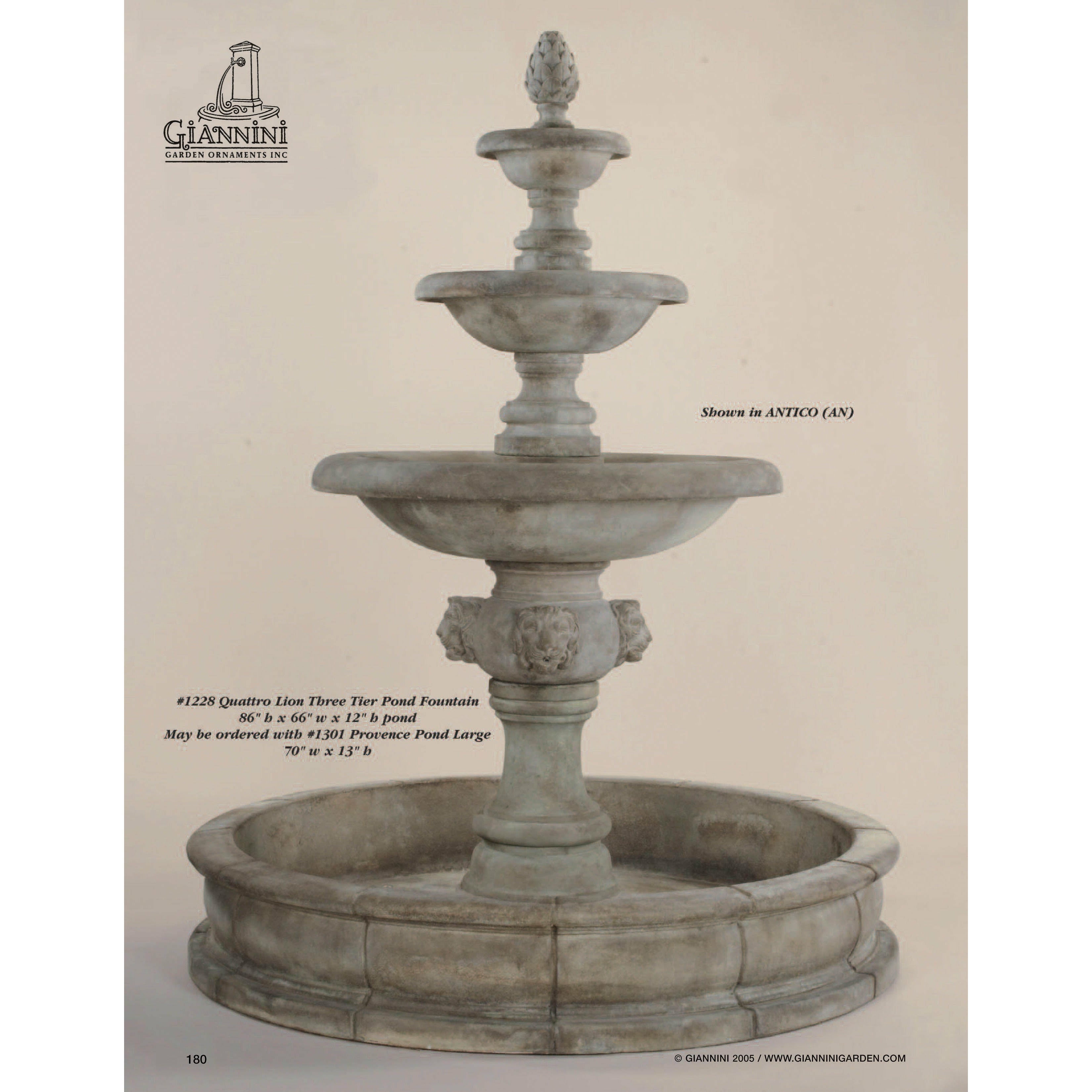 Quattro Lion Head Three Tiered Outdoor Courtyard Fountain with Basin