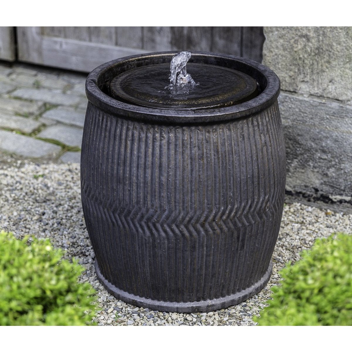 Rain Barrel Fountain in Glazed Terra Cotta