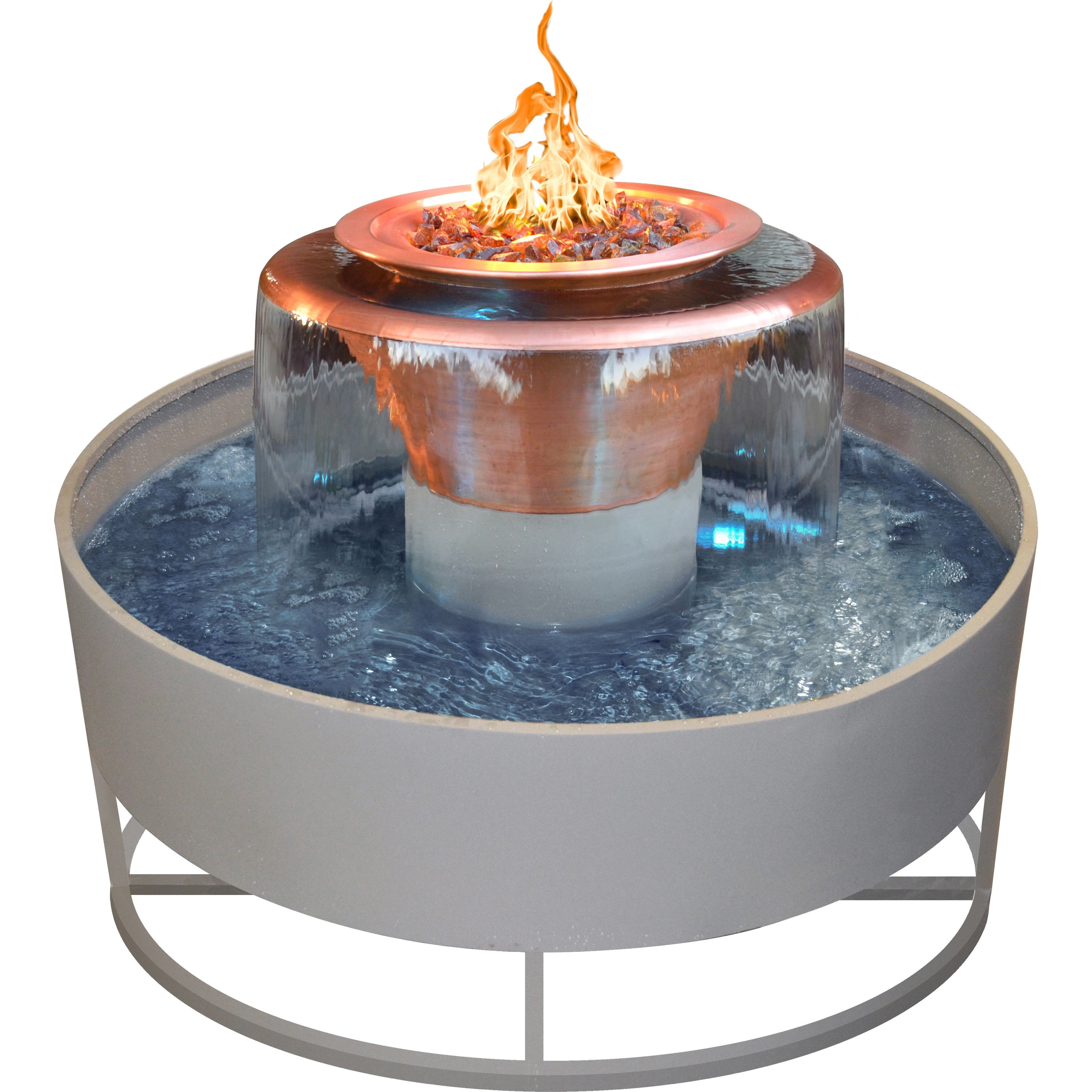 The Outdoor Plus 60" Round Olympian w 30" Cazo 360 Spillway Fire and Water Bowl in Copper