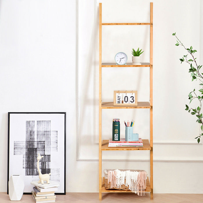 5 Tier Ladder Shelf Modern Bamboo Leaning Bookshelf Ladder