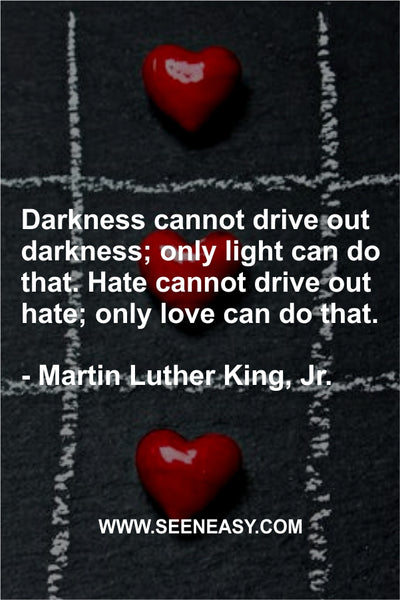 Darkness cannot drive out darkness; only light can do that. Hate cannot drive out hate; only love can do that. Martin Luther King, Jr.