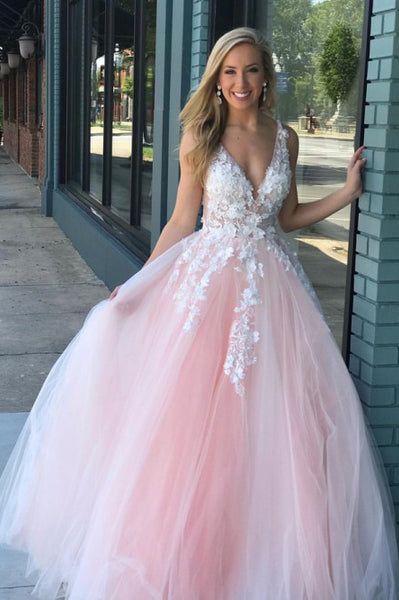 A-Line V-Neck Floor-Length Pink Prom Dress with Appliques Pearls ODA01 ...