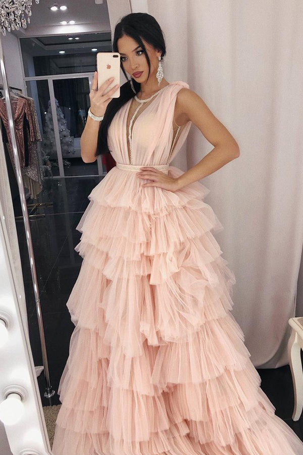 A-Line Crew Floor-Length Pink Tiered Tulle Prom Dress with Beading PDA ...