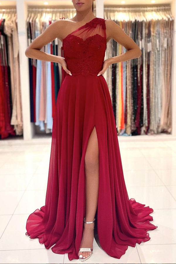 A-Line Chiffon One Shoulder Lace Long Prom Dress Formal Dress ZIK066 ...