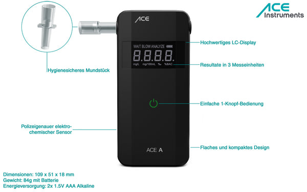 ACE-Instruments Alkoholtester A, 107059, digital, Alkoholmessgerät, mit  LCD-Display – Böttcher AG