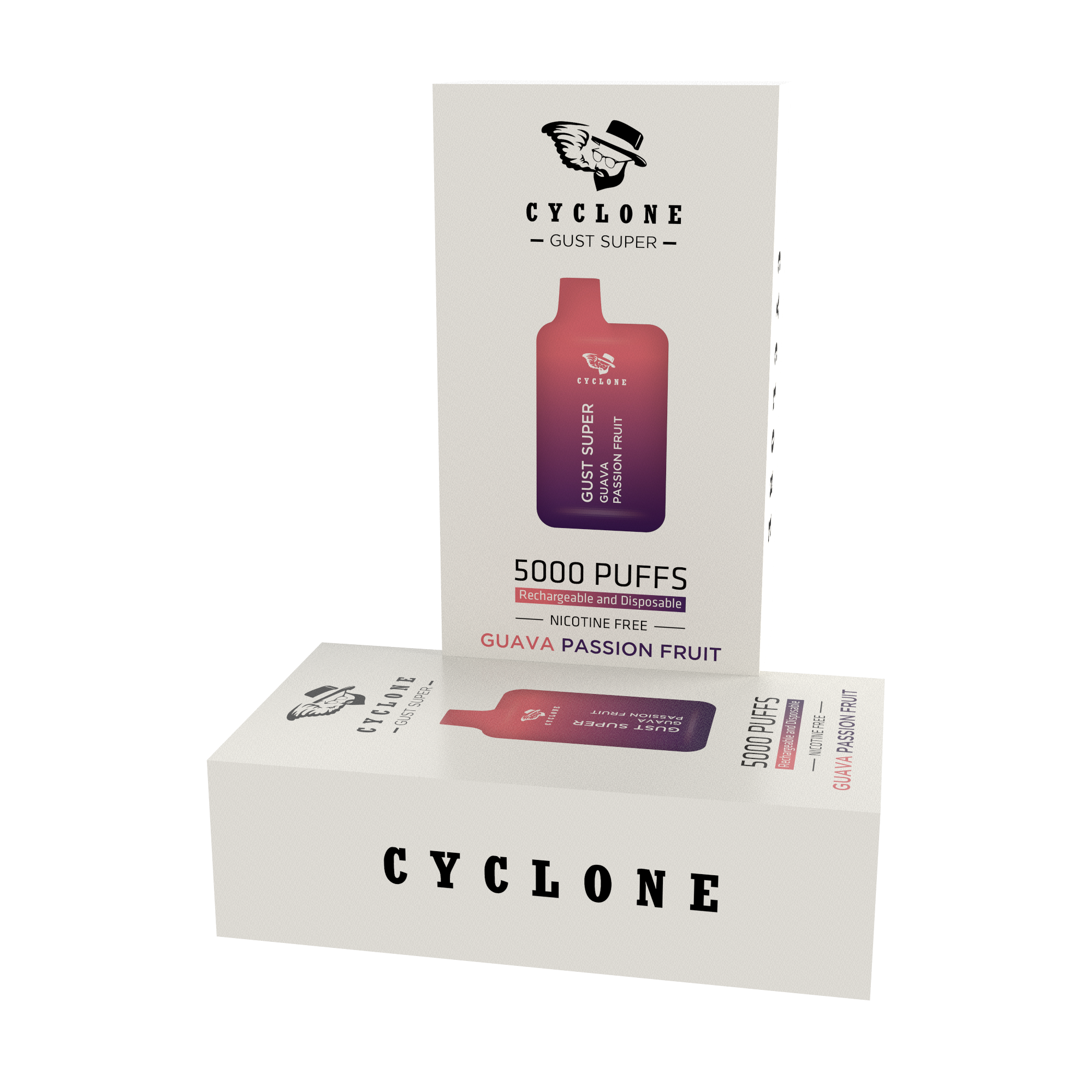 i CYCLONE GUST SUPER 24 w -% 2 - O i g -4 w o 0 4 o 5000 PUFFS NICOTINE FREE GUAvVA PASSION FRUIT GUAVA PASSIoN Faum 