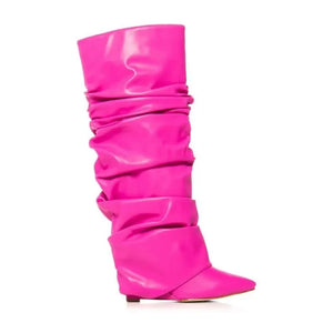 Patent Leather Pointed Pleated Silver Knee High Boot - Eclectic Vibist  