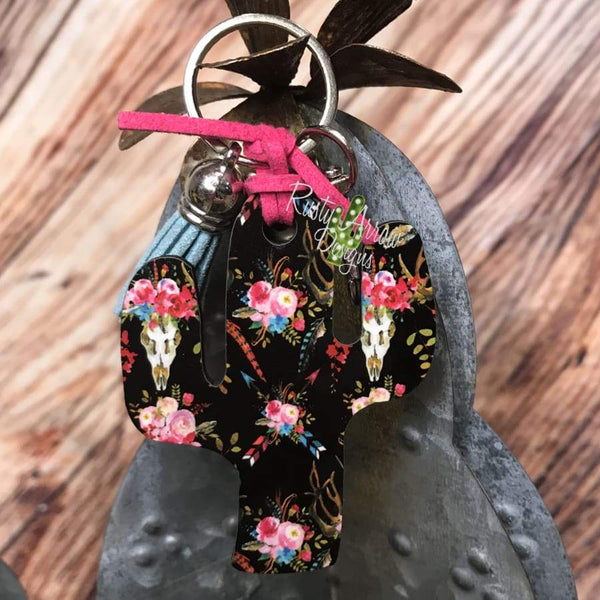Cactus Key Chain - Black w/ flowers and skull