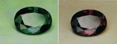 Alexandrite natural gem which changes colour. Two pictures shown one green and one red stone
