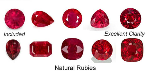 Red natural Rubies  lined up showing the degrees of quality from included to excellent quality