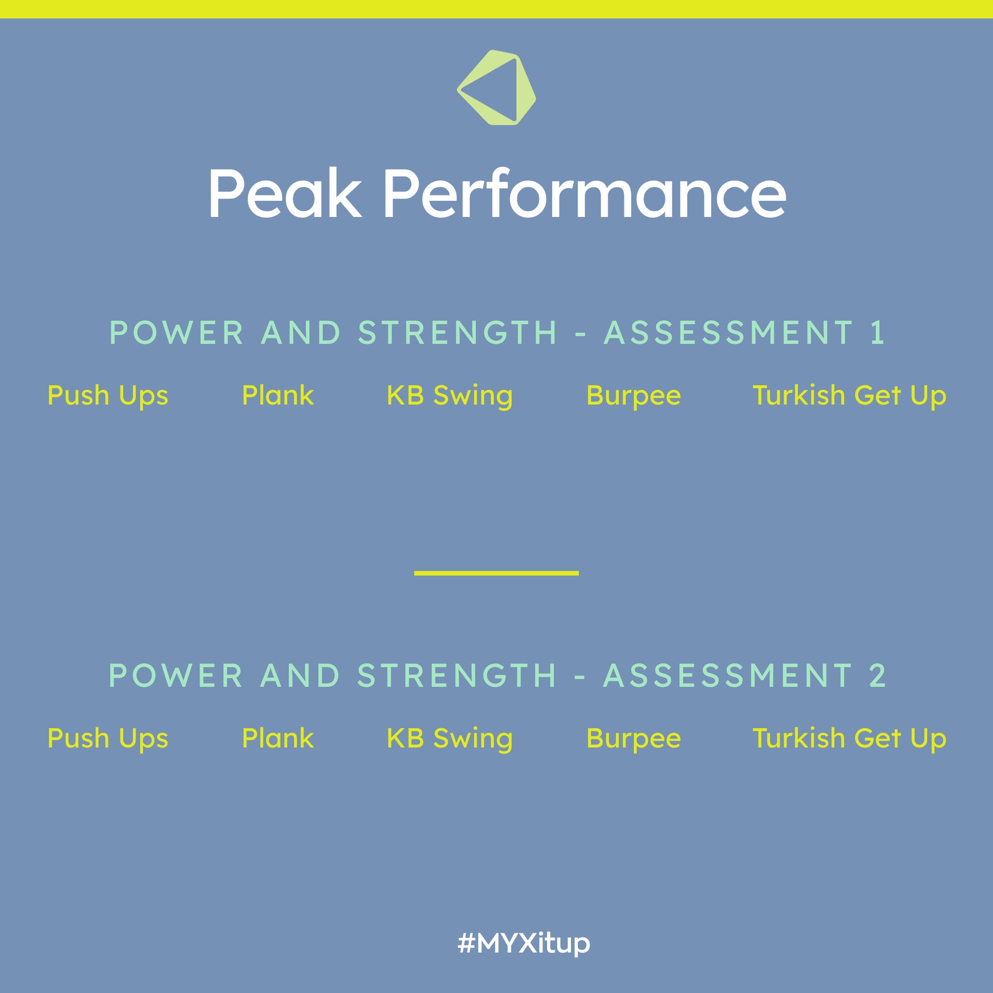 Peak Performance: Power and strength - Assessment 1: Push ups, Plank, KB Swing, Burpee, Turkish Get Up |  Power and strength - Assessment 2: Push ups, Plank, KB Swing, Burpee, Turkish Get Up | #MYXitup