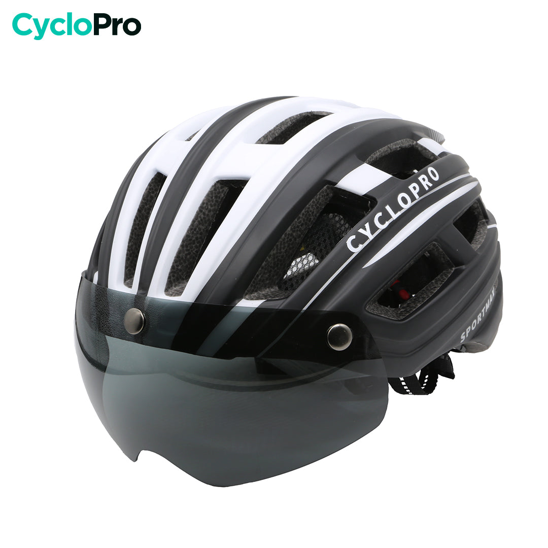 casque velo avec visiere noir blanc