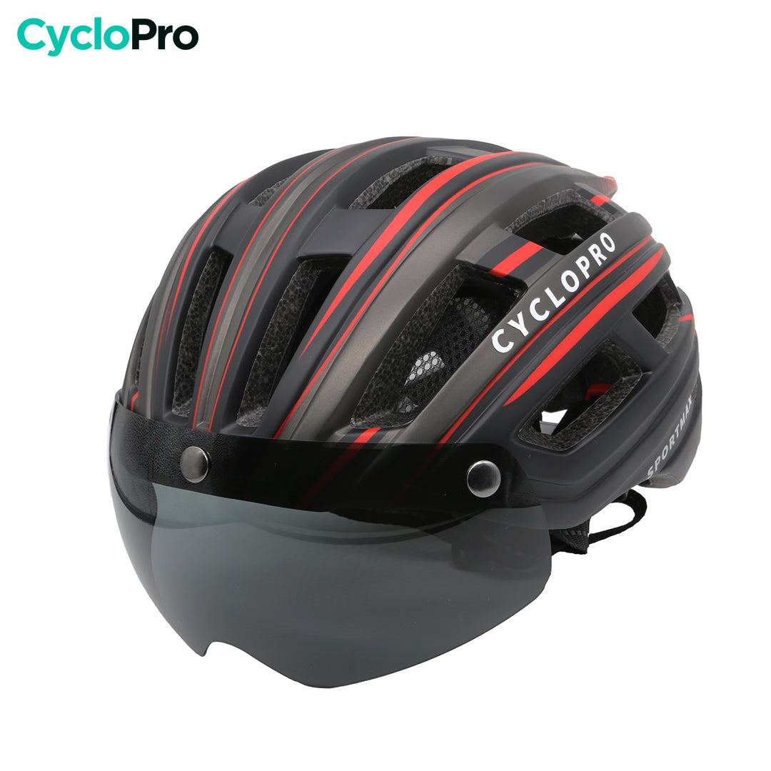 casque velo avec visiere noir et rouge