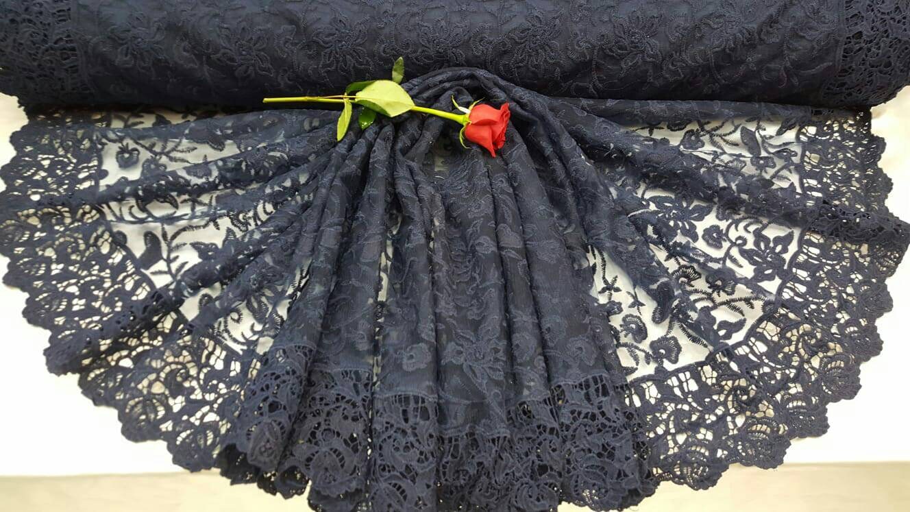 Navy Blue Lace Embroidery Floral Flowers Double Scalloped Guipure on Mesh Prom Fabric Sold By The Yard Gown Quinceañera Bridal Evening Dress