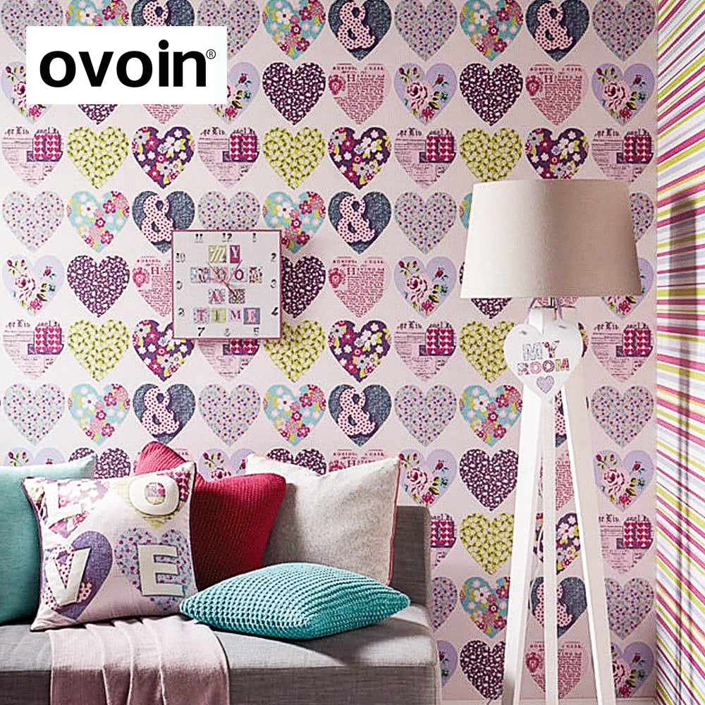 Romantic Love Hearts Girls Wall Paper Pink Purple Color Wallpaper Roll Bedroom Wall Coverings Girls Room Wallpaper