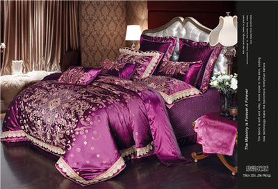 Silver Purple Luxury Satin Cotton Wedding Decorative Bedding Sets