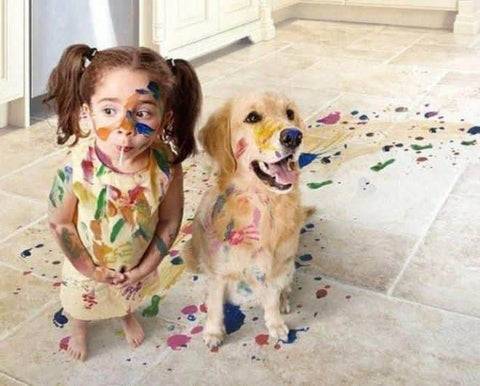 Messy child and let dog.